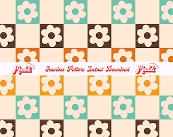 Seamless Pattern Checkered Groovy Retro Flowers Repeating Pattern PNG JPG