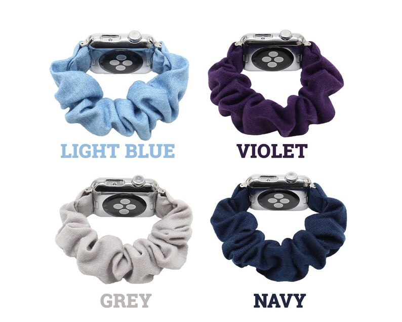 Pu&ograve; includere: Quattro cinturini per Apple Watch in diversi colori: azzurro, viola, grigio e blu navy. I cinturini sono realizzati in un materiale elastico simile a uno scrunchie.