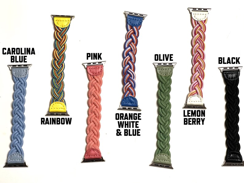 Puede incluir: Correas de reloj trenzadas en varios colores, incluyendo Azul Carolina, Arco&iacute;ris, Rosa, Naranja Blanco y Azul, Oliva, Lim&oacute;n y Negro. Cada correa presenta un dise&ntilde;o trenzado y est&aacute; etiquetada con su nombre de color.