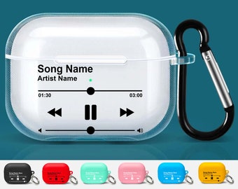 May include: A clear plastic case for AirPods with a black carabiner clip. The case has a design that looks like a music player with the text "Song Name" and "Artist Name" on it. The case also has a play/pause button, a rewind button, and a fast forward button.