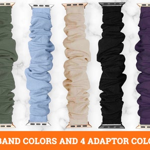 Puede incluir: Cinco bandas de Apple Watch de diferentes colores. Las bandas están hechas de un tejido elástico y acanalado. Las bandas se muestran con adaptadores metálicos de diferentes colores. 14 colores de bandas y 4 colores de adaptadores.