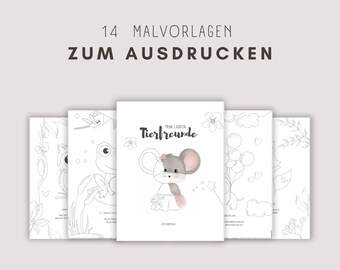 May include: A set of 14 black and white coloring pages featuring cute animals, including a mouse, owl, frog, and more. The pages are titled "Meine Liebsten Tierfreunde" and are designed for children to color.
