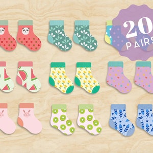 May include: Twenty pairs of colorful baby socks with various patterns, including animals, fruit, and geometric designs. The socks are arranged in pairs on a wooden background. The text "20 PAIRS" is displayed on a purple circle.
