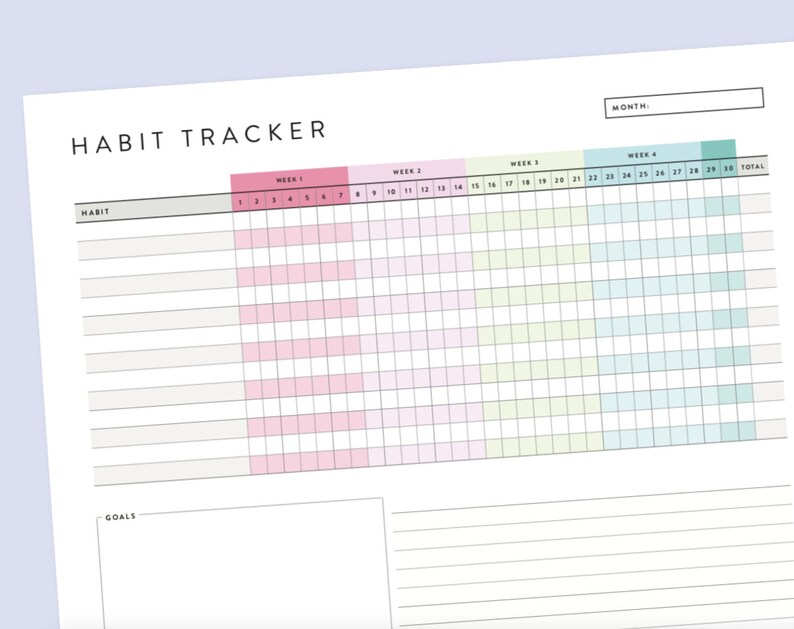 Może przedstawiać: Biała karta śledzenia nawyk&oacute;w z czarnym tytułem "HABIT TRACKER". Tracker ma sekcje oznaczone kolorami r&oacute;żowym, zielonym i niebieskim dla każdego tygodnia, z miejscem na śledzenie nawyk&oacute;w i cel&oacute;w. Karta jest przeznaczona do użytku miesięcznego.