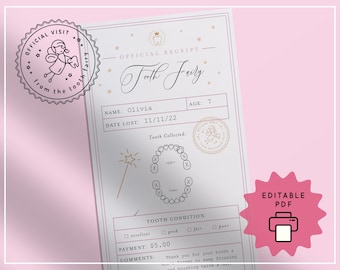 Editable Tooth Fairy Receipt Pink Printable Certificate Tooth Record Chart Official Visit First Tooth Lost Tooth Report