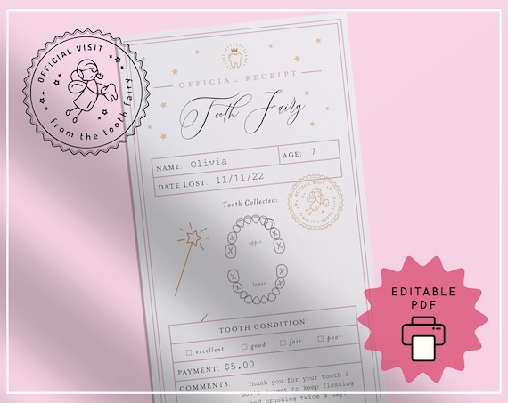 Pink Tooth Fairy Receipt: Editable Printable Certificate (PDF)