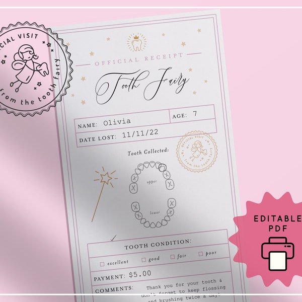 Editable Tooth Fairy Receipt Pink Printable Certificate Tooth Record Chart Official Visit First Tooth Lost Tooth Report