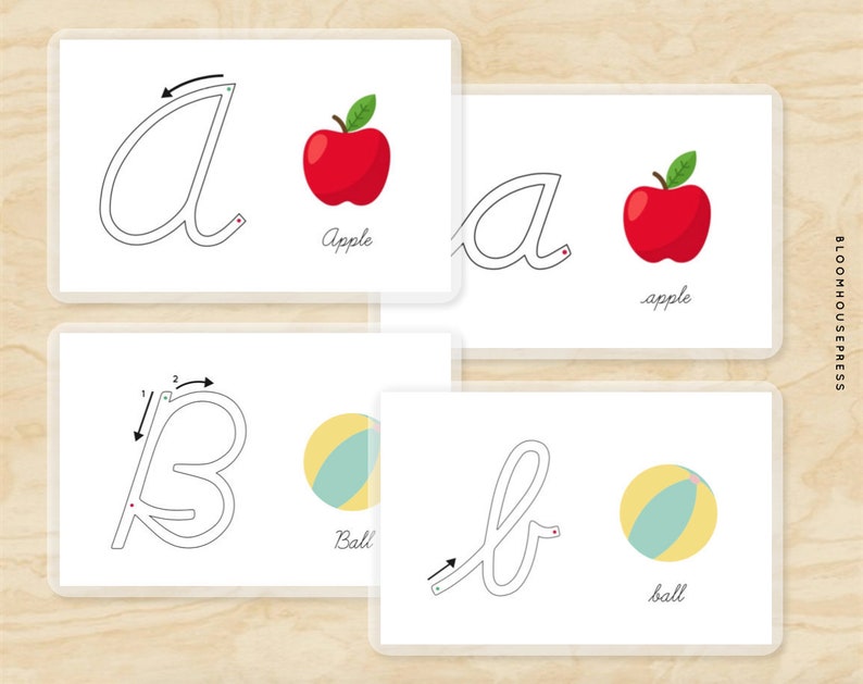 May include: Tracing worksheets for the letters 'a' and 'b' with illustrations of an apple and a ball. The worksheets include arrows to show the direction of the stroke.