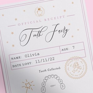 May include: A printable tooth fairy receipt with a gold crown and tooth icon. The receipt has fields for the child's name, age, date the tooth was lost, and a space for the tooth fairy to sign. The receipt also includes a gold star and a drawing of a tooth.