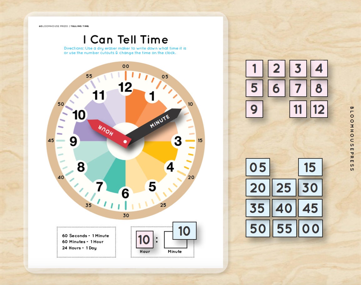 ABSee Me Time Puzzles - 45 PCS Reversible Classroom Clock Puzzles To Learn How To Tell Time To The Half Hour - Teaching Clock Learning For