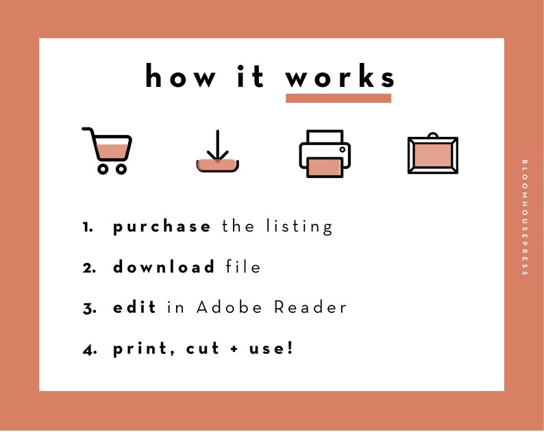 May include: A graphic with four icons showing the steps to purchase, download, edit, and print a digital product. The icons are a shopping cart, a download arrow, a printer, and a picture frame. The text below the icons reads: "1. purchase the listing 2. download file 3. edit in Adobe Reader 4. print, cut + use!"
