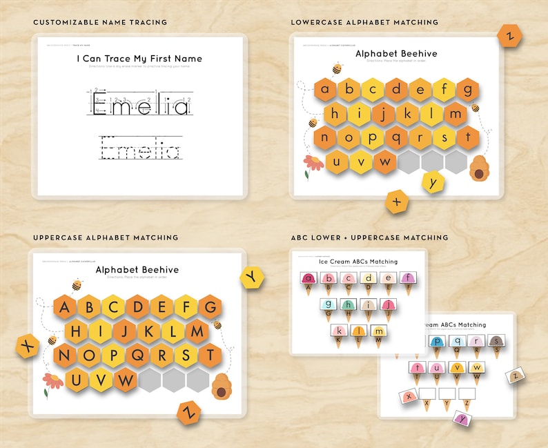 K&ouml;nnte beinhalten: Lehrspiel-Set mit vier Lernkarten. Enth&auml;lt eine Namensspurkarte, zwei Alphabet-Zuordnungsboards und ein ABC-Zuordnungsboard. Die Boards haben farbenfrohe Grafiken und Text, einschlie&szlig;lich der W&ouml;rter "I Can Trace My First Name" und "Alphabet Beehive".