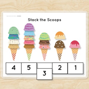Ice Cream Scoops Counting Numbers 1-5 Stacking Learning to Count Worksheet Busy Binder Homeschool Preschool Kindergarten Printable PDF