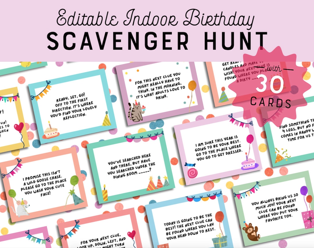 Indoor Birthday Scavenger Hunt Editable Game Cards Party Game Treasure ...