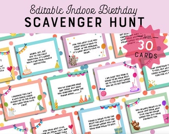 Indoor Birthday Scavenger Hunt Editable Game Cards Party Game Treasure Hunt for Kids Riddle Clues Rhyming Printable Toddler Gift