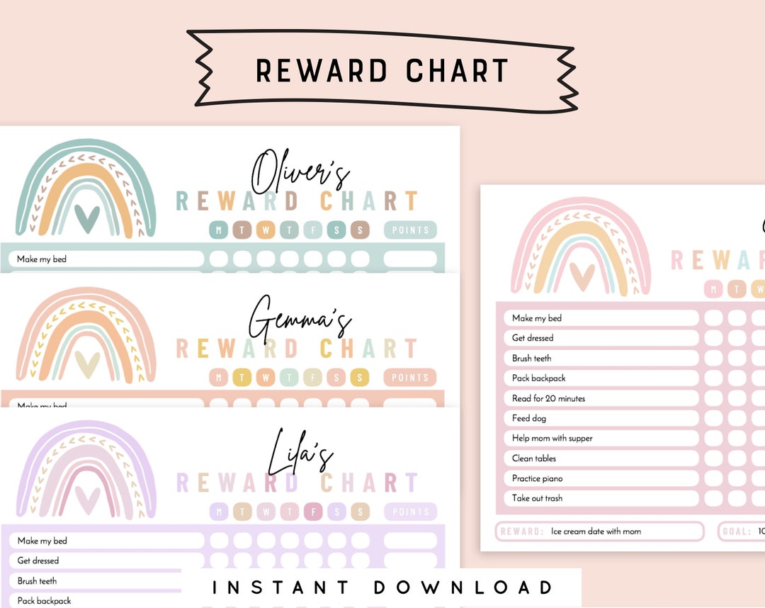 Reward Chart Multiple Kids Editable Printable Boho Rainbow Chore Chart ...