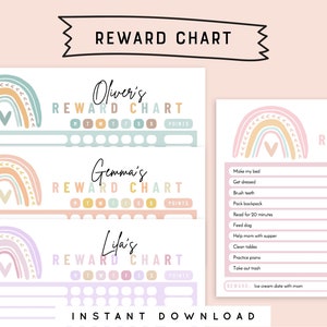May include: Three printable reward charts with rainbow designs and the names Oliver's, Gemma's, and Liya's. Each chart has a section for recording points for daily tasks and a space for a reward. The reward for Liya's chart is an ice cream date with mom.