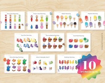 May include: Ten printable worksheets for kids to practice matching colors and shapes. The worksheets feature various themes, including paint tubes, flower vases, gelato, popsicles, socks, squirrels, snails, bird eggs, caterpillars, and butterflies.