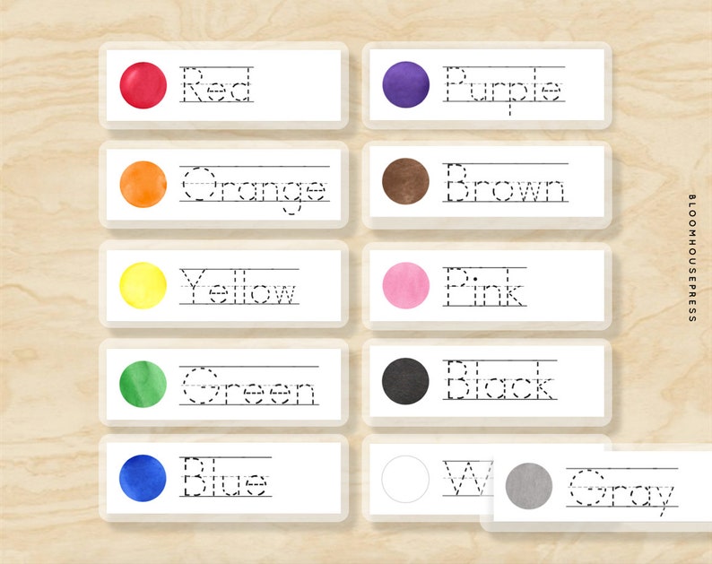 May include: A set of 10 color flashcards with a color circle and the word for the color written in black. The colors are red, orange, yellow, green, blue, purple, brown, pink, black, and gray.