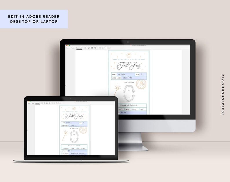 May include: A printable tooth fairy receipt template with a light blue background and gold stars. The template includes fields for the child's name, age, date the tooth was lost, tooth condition, and a space for the tooth fairy to leave a message. The text "Tooth Fairy" is written in a cursive font.