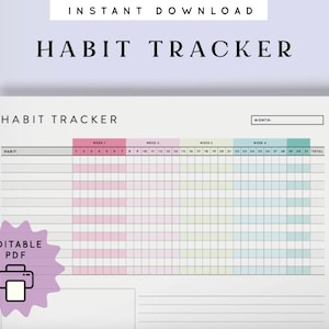 Może przedstawiać: Wydrukowany tracker nawyk&oacute;w z napisem "HABIT TRACKER" u g&oacute;ry. Tracker jest podzielony na tygodnie i dni, z miejscem do śledzenia nawyk&oacute;w. Widoczne są r&oacute;wnież słowa "NATYCHMIASTOWE POBIERANIE" i "EDYCYJNY PDF".