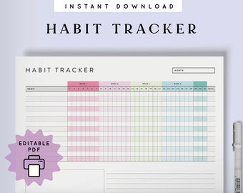 Habit Tracker Printable Planner Template Editable Monthly PDF