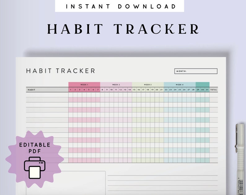 Może przedstawiać: Wydrukowany tracker nawyk&oacute;w z napisem "HABIT TRACKER" u g&oacute;ry. Tracker jest podzielony na tygodnie i dni, z miejscem do śledzenia nawyk&oacute;w. Widoczne są r&oacute;wnież słowa "NATYCHMIASTOWE POBIERANIE" i "EDYCYJNY PDF".