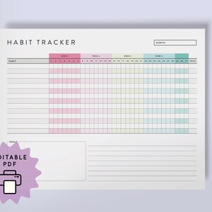 Może przedstawiać: Biały tracker nawyk&oacute;w z napisem "HABIT TRACKER" na g&oacute;rze. Tracker ma sekcje oznaczone kolorami r&oacute;żowym, zielonym i niebieskim do śledzenia nawyk&oacute;w. Pi&oacute;ro spoczywa po prawej stronie trackera. Słowa "EDITABLE PDF" są w fioletowej gwieździe.