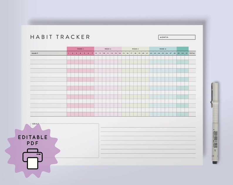 Może przedstawiać: Biały tracker nawyk&oacute;w z napisem "HABIT TRACKER" na g&oacute;rze. Tracker ma sekcje oznaczone kolorami r&oacute;żowym, zielonym i niebieskim do śledzenia nawyk&oacute;w. Pi&oacute;ro spoczywa po prawej stronie trackera. Słowa "EDITABLE PDF" są w fioletowej gwieździe.