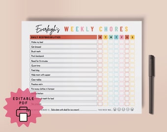 May include: A printable weekly chore chart for kids with a colorful rainbow design. The chart includes daily responsibilities like making the bed, getting dressed, brushing teeth, packing a backpack, reading for 15 minutes, quiet time, feeding the dog, helping mom with supper, clearing tables, practicing violin, putting away clothes in the hamper, and brushing teeth for bed. The chart also includes a section for weekly chores with a grid for each day of the week. The chart includes a section for a weekly reward and a section for rating the week. The text on the chart reads "Everleigh's Weekly Chores", "Daily Responsibilities", "This Week Was...", and "Week's Reward Is... Solo date with dad for ice cream!"