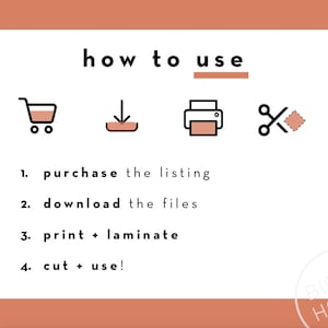 May include: A white graphic with black icons and text explaining how to use a digital download. The text reads "how to use" with a line underneath. The icons show a shopping cart, a download arrow, a printer, and scissors cutting a square. The text below the icons reads: "1. purchase the listing", "2. download the files", "3. print + laminate", "4. cut + use!"