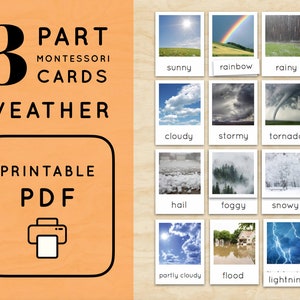 Météo Montessori Cartes en 3 parties Nomenclature de vocabulaire 12 cartes-éclair sur la météo Activité Jeu de maternelle Imprimable PDF pour enfants