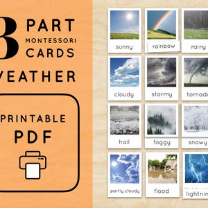 Montessori Weather 3 Part Cards Vocabulary Nomenclature 12 Weather Flashcards Activity Kindergarten Game Printable Kids PDF image 1