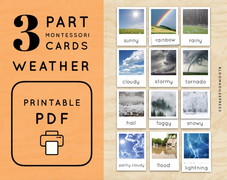 Montessori Weather 3 Part Cards Vocabulary Nomenclature 12 Weather Flashcards Activity Kindergarten Game Printable Kids PDF image 1