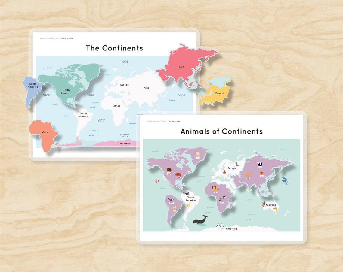 7 Continents World Map Oceans &amp; Animals of Continents Matching - Etsy