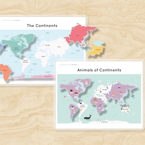 7 Continents World Map Oceans &amp; Animals of Continents Matching ...