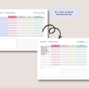 Może przedstawiać: Biały tracker nawyk&oacute;w z tytułem "HABIT TRACKER" na g&oacute;rze. Tracker zawiera sekcje dla nawyk&oacute;w, tygodni i sumy. Widoczny jest tekst "ALL TEXT IN BLUE CAN BE EDITED". Miesiąc to luty.