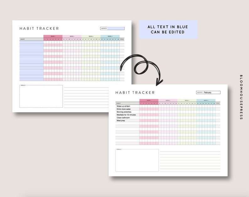 Może przedstawiać: Biały tracker nawyk&oacute;w z tytułem "HABIT TRACKER" na g&oacute;rze. Tracker zawiera sekcje dla nawyk&oacute;w, tygodni i sumy. Widoczny jest tekst "ALL TEXT IN BLUE CAN BE EDITED". Miesiąc to luty.