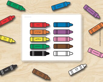 May include: A printable worksheet with color names in English, Spanish, French, German, Dutch, Polish, Italian, Portuguese, Japanese and Chinese. The worksheet features a row of 8 crayons, each a different color, with the color name written below each crayon.