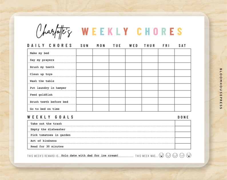 Weekly Daily Chore Chart for Kids Responsibility Chart Homeschool My Responsibilities Personalized Planner Printable Editable PDF image 2