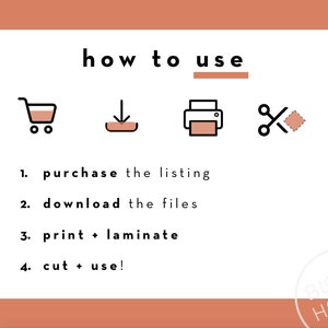 May include: A white graphic with black icons and text explaining how to use a digital download. The text reads "how to use" with a line underneath. The icons show a shopping cart, a download arrow, a printer, and scissors cutting a square. The text below the icons reads: "1. purchase the listing", "2. download the files", "3. print + laminate", "4. cut + use!"