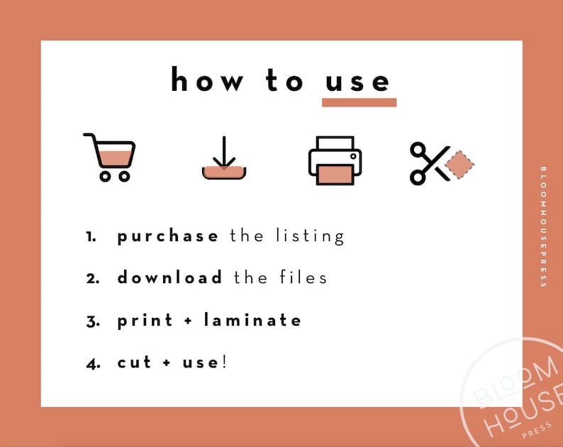 May include: A white graphic with black icons and text explaining how to use a digital download. The text reads "how to use" with a line underneath. The icons show a shopping cart, a download arrow, a printer, and scissors cutting a square. The text below the icons reads: "1. purchase the listing", "2. download the files", "3. print + laminate", "4. cut + use!"