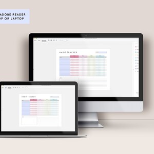Może przedstawiać: Dwa ekrany komputera wyświetlają szablon śledzenia nawyk&oacute;w. Tekst "EDIT IN ADOBE READER DESKTOP OR LAPTOP" znajduje się w lewym g&oacute;rnym rogu. Śledzenie nawyk&oacute;w ma kolorowe sekcje. Na prawym ekranie widnieje napis "BLOOMHOUSEPRESS".