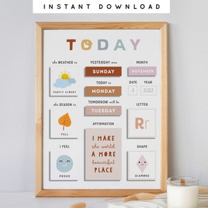 Tagesmorgen Tafel Kreis Zeit Kalender Wetter Jahreszeiten Positive Affirmationen Brief Form des Tages Printable Homeschool Kleinkind Kinder