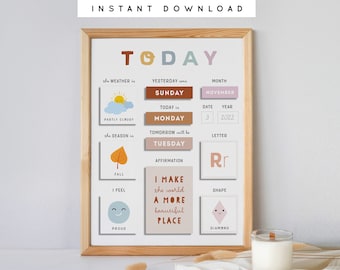 Daily Morning Board Circle Time Calendar Weather Seasons Positive Affirmations Letter Shape of the Day Printable Homeschool Toddler Kids
