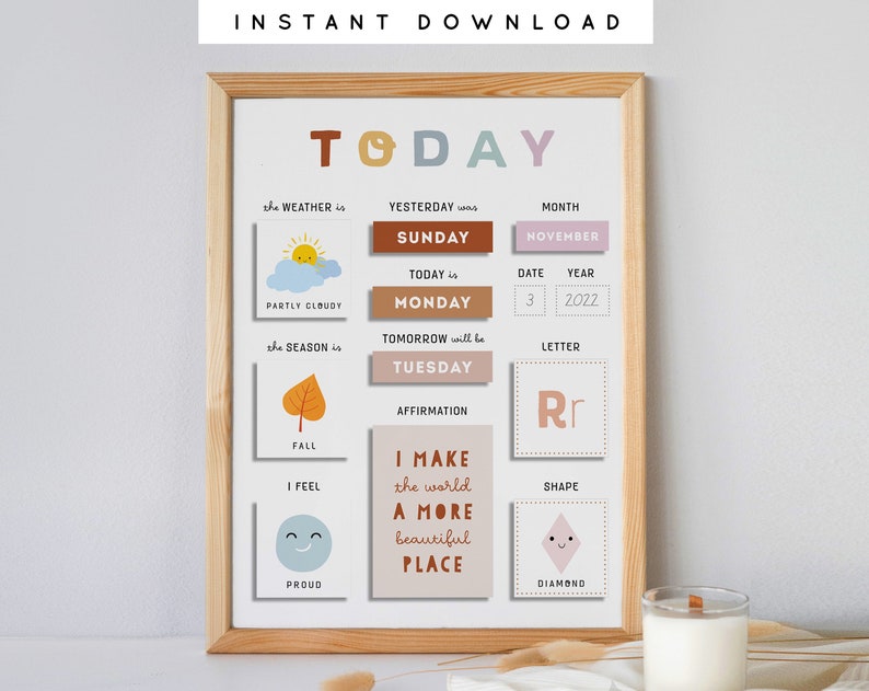 Daily Morning Board Circle Time Calendar Weather Seasons Positive Affirmations Letter Shape of the Day Printable Homeschool Toddler Kids 