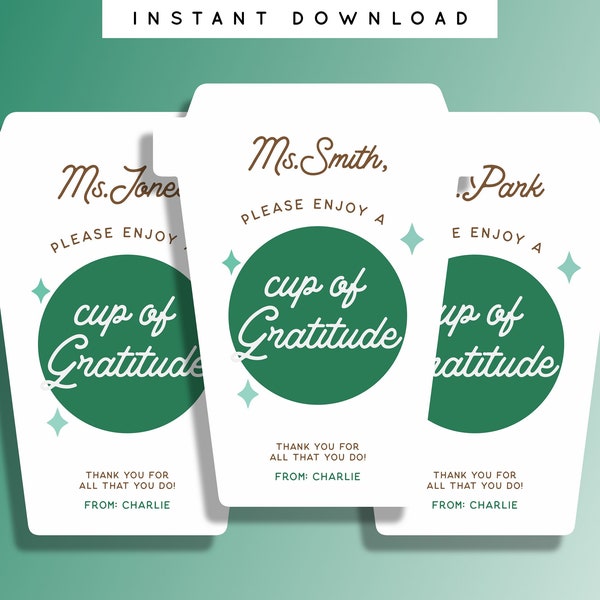 Cup of Gratitude Gift Card Holder Teacher Appreciation Employee Staff Client Customer Boss Thank You Coffee Gift Shaped Printable Editable