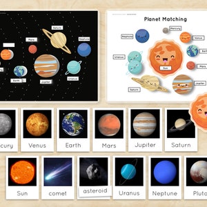 Afdrukbaar werkblad van het zonnestelsel Bijpassend Montessori-zonnestelsel Kaarten met 3 delen Flashcards Woordenschat Nomenclatuur Drukke map PDF Kinderen