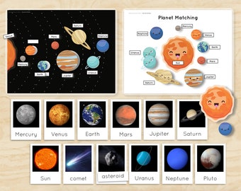 Solar System Printable Worksheet Matching Montessori Solar System 3 Part Cards Flashcards Vocabulary Nomenclature Busy Binder PDF Kids