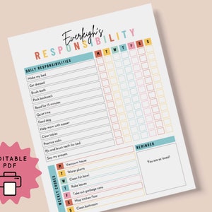 Responsibility Chore Chart for Kids Fully Editable Daily Weekly Routine Reward System Personalized Printable To Do List Child Homeschool PDF